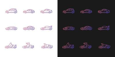 Sports car models gradient icons set for dark and light mode. Non-standard door designs. Thin line contour symbols bundle. Isolated vector outline illustrations collection on black and white