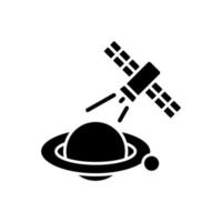 Planets observation process black glyph icon. Capturing planetary anomalies with satelites. Interplanetary space exploration perfomance. Silhouette symbol on white space. Vector isolated illustration