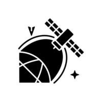 Satellite location in space black glyph icon. Artifial satelite positioning, status, condition information investigation. Silhouette symbol on white space. Vector isolated illustration