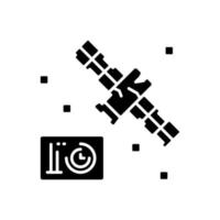 Satellite condition black glyph icon. Artifial satelite breakdown in outer space investigation. Satellite status information. Silhouette symbol on white space. Vector isolated illustration