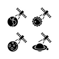 Celestial bodies observation black glyph icons set on white space. Heliophysics science investigations. Meteorological planet observation system. Silhouette symbols. Vector isolated illustration