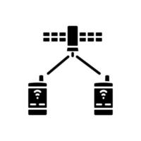 Satellite telephony black glyph icon. Phones receive signal from satelite. Global telecommunications network connection. Silhouette symbol on white space. Vector isolated illustration