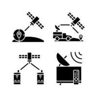 Communications satellites black glyph icons set on white space. Navigation, military satelites. Global telecommunications network connection. Silhouette symbols. Vector isolated illustration