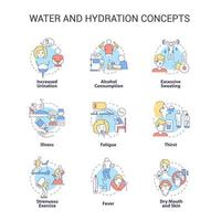 conjunto de iconos de concepto de agua e hidratación. deshidratación causas, síntomas. consumo adicional de líquido. idea de equilibrio de agua ilustraciones en color de línea delgada. dibujos de contorno aislados vectoriales. trazo editable vector