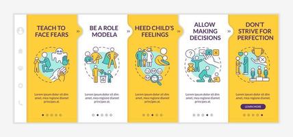 Bringing up tips yellow onboarding vector template. Responsive mobile website with icons. Web page walkthrough 5 step screens. Child mental health color concept with linear illustrations