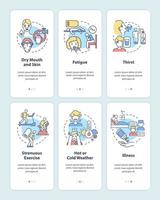 Water consumption onboarding mobile app page screen set. Dehydration factors walkthrough 3 steps graphic instructions with concepts. UI, UX, GUI vector template with linear color illustrations