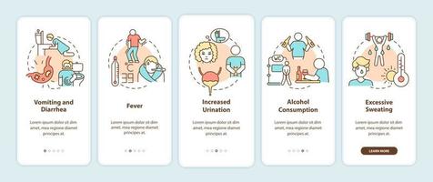 Dehydration causes onboarding mobile app page screen. Loss of water factors walkthrough 5 steps graphic instructions with concepts. UI, UX, GUI vector template with linear color illustrations