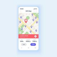 Wifi map smartphone interface vector template. Mobile app page design layout. Interner acess point around world. Wi Fi connection zone screen. Flat UI for application. Phone display