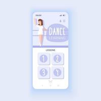 Dance learning app smartphone interface vector template. Mobile app page design layout. Step-by-step instructions. Online dance classes screen. Flat UI for application. Phone display