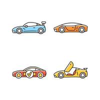 Race car models RGB color icons set. Customized vehicle. World-class auto. Unique door design. High-rated professional automobile. Isolated vector illustrations. Simple filled line drawings collection