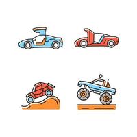 Driving specially-modified vehicles RGB color icons set. Hinge mechanism. Off road racing. Monster truck. Auto with falcon doors. Isolated vector illustrations. Simple filled line drawings collection