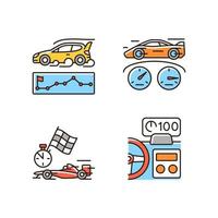 Automobiles racing for competition RGB color icons set. Rallying event. Test car limits. Professional motorsport. Head up display. Isolated vector illustrations. Simple filled line drawings collection