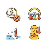 Modern automotive features RGB color icons set. Push button start. Providing comfort to driver. Defrosting vehicle windows. Isolated vector illustrations. Simple filled line drawings collection