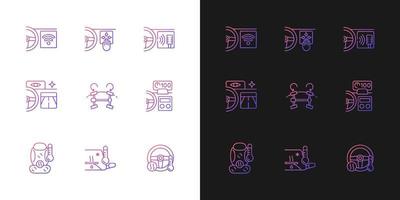 Sports car accessories gradient icons set for dark and light mode. Innovative tech features. Thin line contour symbols bundle. Isolated vector outline illustrations collection on black and white