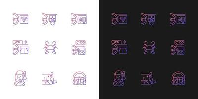 Sports car accessories gradient icons set for dark and light mode. Innovative tech features. Thin line contour symbols bundle. Isolated vector outline illustrations collection on black and white