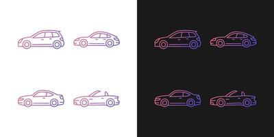 Practical sports cars gradient icons set for dark and light mode. Hatchback model. Sports sedan. Thin line contour symbols bundle. Isolated vector outline illustrations collection on black and white