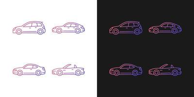 Practical sports cars gradient icons set for dark and light mode. Hatchback model. Sports sedan. Thin line contour symbols bundle. Isolated vector outline illustrations collection on black and white