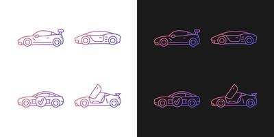 Race car models gradient icons set for dark and light mode. High-rated professional auto. Thin line contour symbols bundle. Isolated vector outline illustrations collection on black and white