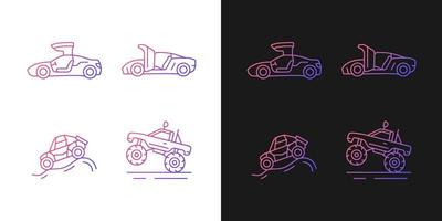 Driving specially-modified vehicles gradient icons set for dark and light mode. Hinge mechanism. Thin line contour symbols bundle. Isolated vector outline illustrations collection on black and white
