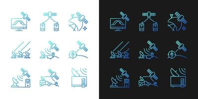 iconos de gradiente de satélites artificiales configurados para modo oscuro y claro. paquete de símbolos de contorno de línea delgada. colección de ilustraciones de contorno vectorial aislado en blanco y negro vector