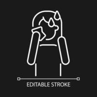 Hot flashes and sweating white linear icon for dark theme. Panic attack symptom. Mental disorder. Thin line customizable illustration. Isolated vector contour symbol for night mode. Editable stroke