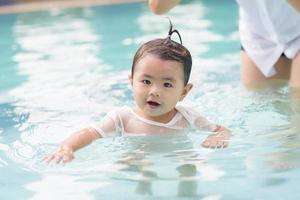 A Happy Asian mother and daughter are enjoy swimming in pool , lifestyle, parenthood, family concept photo