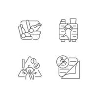Accidents prevention linear icons set. Falling precaution. Car seat and belt to protect kid in car. Customizable thin line contour symbols. Isolated vector outline illustrations. Editable stroke