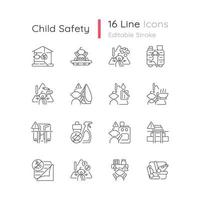 conjunto de iconos lineales de seguridad infantil. Precauciones de seguridad para bebés. mantener alejado de las cosas peligrosas de los niños. símbolos de contorno de línea fina personalizables. ilustraciones aisladas de contorno vectorial. trazo editable vector