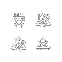 Poisoning and suffocation prevention linear icons set. Choking hazard food and toys. Child safety. Customizable thin line contour symbols. Isolated vector outline illustrations. Editable stroke