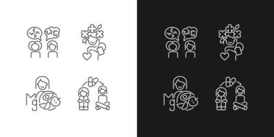 Mental disorders treatment linear icons set for dark and light mode. Depression therapy. Psychotherapy. Customizable thin line symbols. Isolated vector outline illustrations. Editable stroke