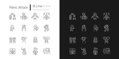 Panic disorder linear icons set for dark and light mode. Symptoms and treatment. Phobias and fears. Customizable thin line symbols. Isolated vector outline illustrations. Editable stroke