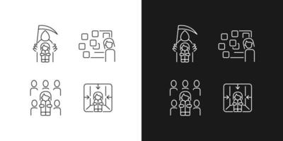 Fears and phobias linear icons set for dark and light mode. Fear of crowd, death. Panic attack, mental disorder. Customizable thin line symbols. Isolated vector outline illustrations. Editable stroke