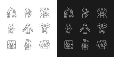 Phobias and its symptoms linear icons set for dark and light mode. Vomiting and nausea. Signs and treatment. Customizable thin line symbols. Isolated vector outline illustrations. Editable stroke