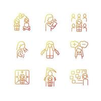 Phobias and its symptoms gradient linear vector icons set. Hyperventilation and consternation. Signs and treatment. Thin line contour symbols bundle. Isolated outline illustrations collection