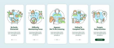 Inattentive symptoms onboarding mobile app page screen. Difficulty maintaining focus walkthrough 5 steps graphic instructions with concepts. UI, UX, GUI vector template with linear color illustrations