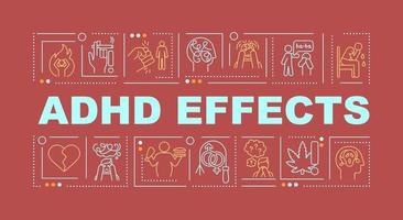 ADHD effects word concepts banner. Weight problems. Impulsive behavior. Infographics with linear icons on red background. Isolated creative typography. Vector outline color illustration with text
