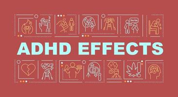 banner de conceptos de palabras de efectos de adhd. problemas de peso. comportamiento impulsivo. infografías con iconos lineales sobre fondo rojo. tipografía creativa aislada. ilustración de color de contorno vectorial con texto vector