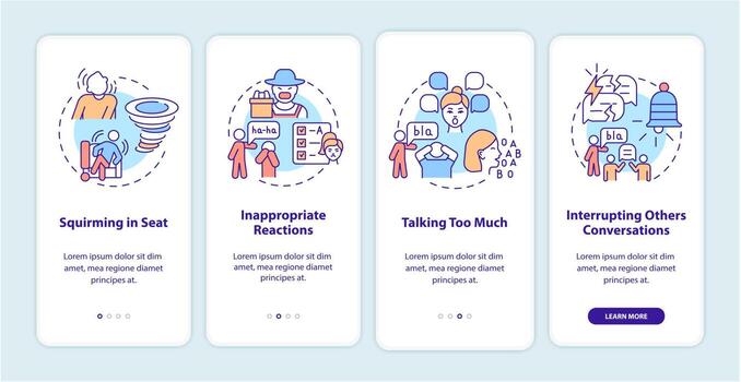 Hyperactive-impulsive symptoms onboarding mobile app page screen. Squirming in seat walkthrough 4 steps graphic instructions with concepts. UI, UX, GUI vector template with linear color illustrations