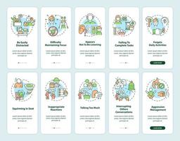 ADHD symptoms in adults onboarding mobile app page screen set. Hyperactive kid signs walkthrough 5 steps graphic instructions with concepts. UI, UX, GUI vector template with linear color illustrations