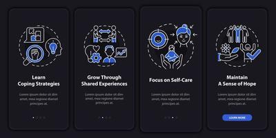 Support group advantages night mode onboarding mobile app screen. Walkthrough 4 steps graphic instructions pages with linear concepts. UI, UX, GUI template. Myriad Pro-Bold, Regular fonts used vector