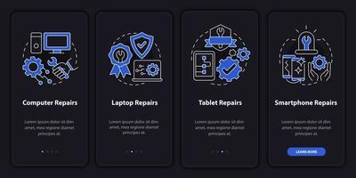 Types of services night mode onboarding mobile app screen. Walkthrough 4 steps graphic instructions pages with linear concepts. UI, UX, GUI template. Myriad Pro-Bold, Regular fonts used vector