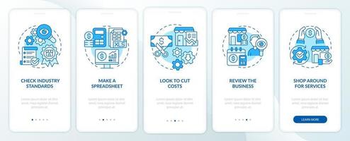 Budgeting for small business blue onboarding mobile app screen. Walkthrough 5 steps graphic instructions pages with linear concepts. UI, UX, GUI template. Myriad Pro-Bold, Regular fonts used vector