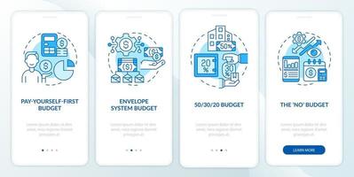 Budget approaches blue onboarding mobile app screen. Financial plan types walkthrough 4 steps graphic instructions pages with linear concepts. UI, UX, GUI template. Myriad Pro-Bold, Regular fonts used vector