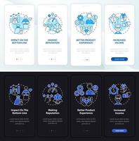 Customer service benefits night, day mode onboarding mobile app screen. Walkthrough 4 steps graphic instructions pages with linear concepts. UI, UX, GUI template. Myriad Pro-Bold, Regular fonts used vector