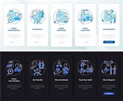 Customer service night and day mode onboarding mobile app screen. Walkthrough 5 steps graphic instructions pages with linear concepts. UI, UX, GUI template. Myriad Pro-Bold, Regular fonts used vector