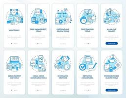 Tools for online business blue onboarding mobile app screen set. Walkthrough 5 steps graphic instructions pages with linear concepts. UI, UX, GUI template. Myriad Pro-Bold, Regular fonts used vector