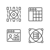 Science data mining linear perfect pixel icons set. Tools for virtual researching. Engineering system and technology. Customizable thin line contour symbols. Isolated vector outline illustrations