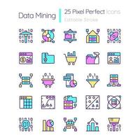 Data mining RGB color pixel perfect icons set. Knowledge discovering in data. Isolated vector illustrations. Simple filled line drawings collection. Editable stroke. Quicksand-Light font used