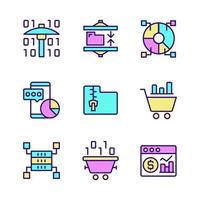 Data mining processes RGB color pixel perfect icons set. Machine learning. Analyze and storage data. Science and technology. Isolated vector illustrations. Simple filled line drawings collection