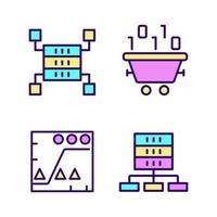 Dataset processing RGB color pixel perfect icons set. Data mining and storage. Statistic information analyze. Virtual technology. Isolated vector illustrations. Simple filled line drawings collection